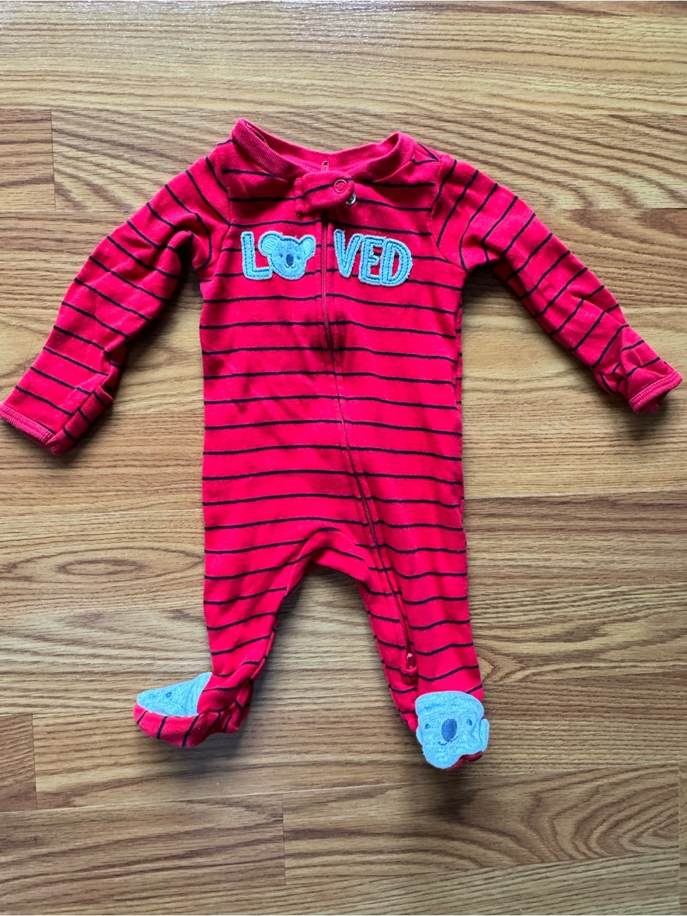 Carter's Red Striped Footed One-Piece with 'LOVED' Applique